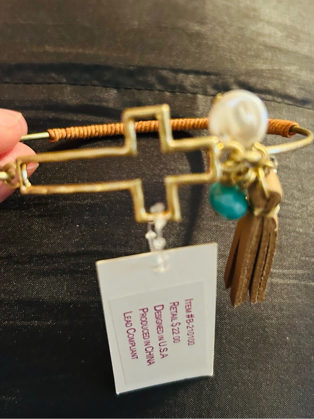 Gold Cross Bangle Bracelet with Tassel and Bead Accents